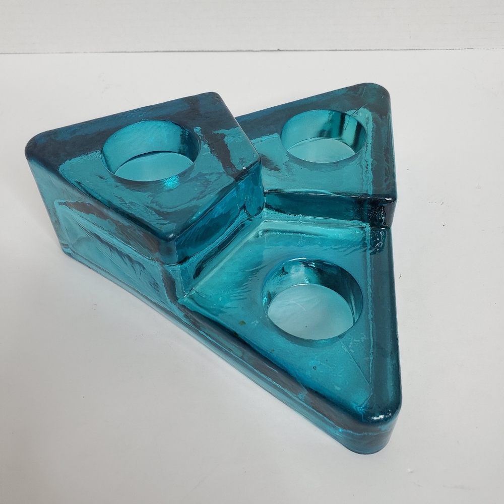 MCM hand poured teal glass heavy thick tea light holder vintage
